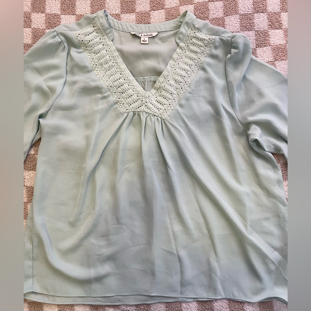 Zac & Rachel Mint Crochet V-Neck Blouse